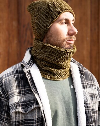 Oliwkowy Zimowy Komin Twist z Bawełny Pima, Knit to Fit