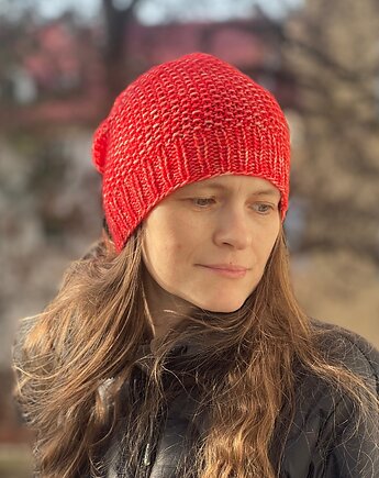 Przejściowa czapka Marmurka bawełna z merynosem czerwona, Made by Jaga