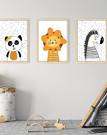 3 plakaty do pokoju dziecka Panda, Lew i Zebra, sielankowo
