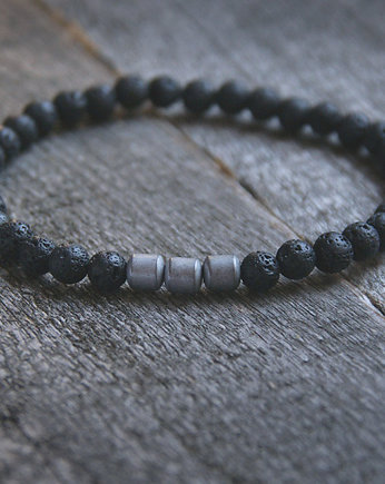 męska bransoletka : BLACK LAVA & SILVER HEMATITE, kaktusia