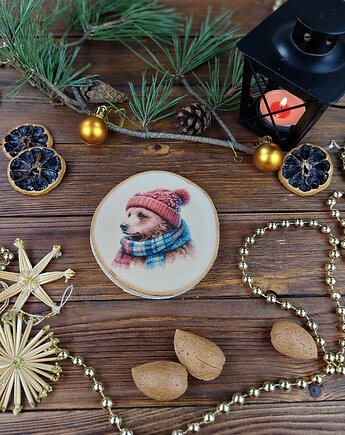 Brzozowa podkładka pod kubek, świąteczna zawieszka - niedźwiadek, Manufa