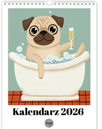 Kalendarz 2026 ilustrowany mopsik, polkastudio