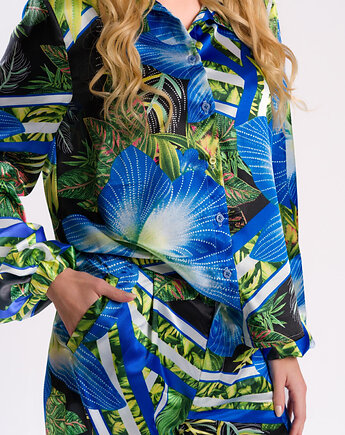 Satynowa bluzka koszulowa w orchidee i liście - unikat, Torri Design