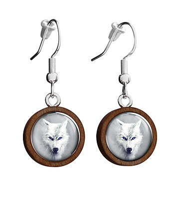 Kolczyki drewniane - Biały wilk - wiszące, yenoo