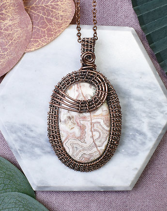 Miedziany wisiorek wire wrapping z agatem crazy lace #452, Metal Earth Jewelry