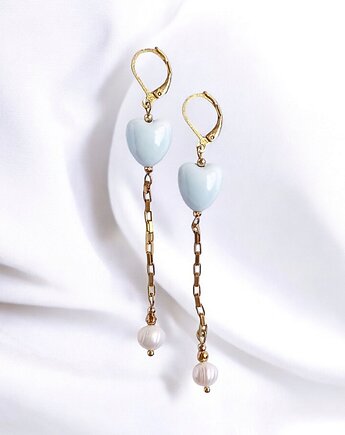 Kolczyki dłuuugie : serduszka ceramiczne i perły : niebieskie, kaktusia