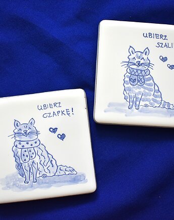 Kafle ręcznie malowane- podkładki ceramiczne koty, Kobaltowa Sroka