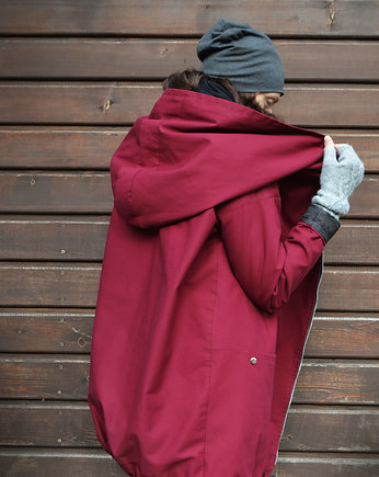 Oversize płaszcz bordo ogromny kaptur zimowy L, agagu