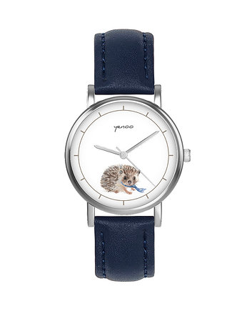 Zegarek  mały - Jeżyk - skórzany, granatowy, yenoo