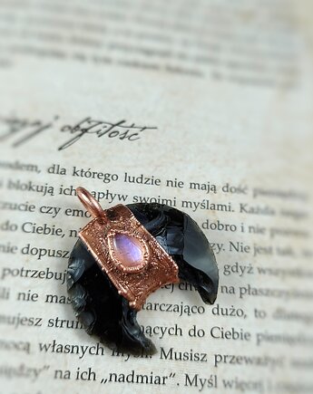 Wisior miedziany lunula obsydian moonstone IX, Treemasters Copper Jewelry