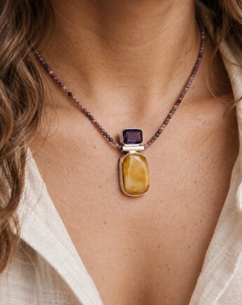 Naszyjnik z kamieni naturalnych z ametystem i bursztynem, Amber Charm