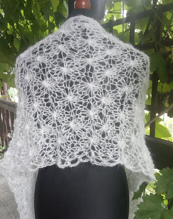 Biały szal z alpaką, na drutach, ArteDania