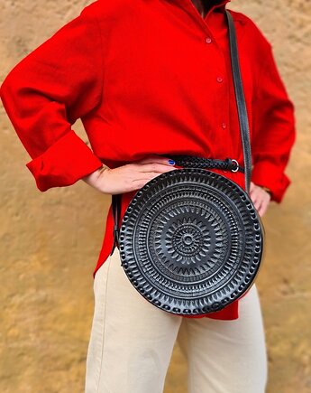 Torebka skórzana ręcznie robiona góralska okrągła na ramię Carmen Duża, SempreArte