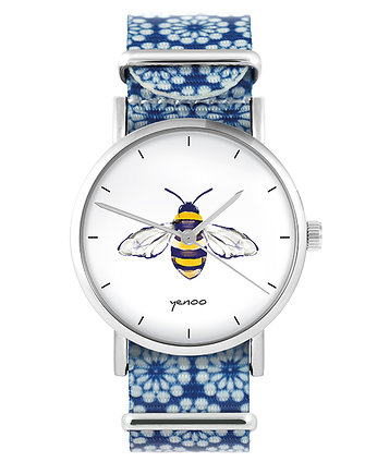 Zegarek - Pszczoła - niebieski, kwiaty, nato, yenoo