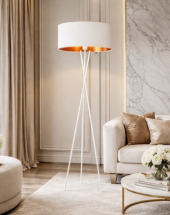 Czarna lampa stojąca na trójnogu do salonu PARYŻ GOLD z abażurem, LYSNE