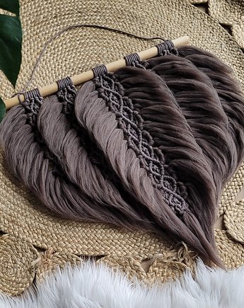 Makrama na ścianę,  puszyste listki boho, brązowy, do pokoju dziecka,, MiAdi