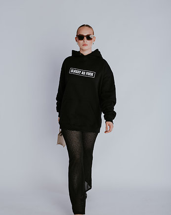 Czarna bluza z białym napisem CLASSY AS FUCK z kapturem, THECLASSYGIRL