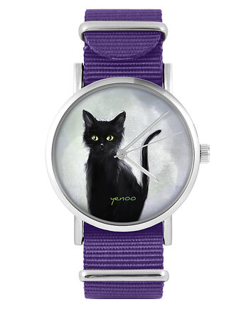 Zegarek - Czarny kot - fiolet, nylonowy, OSOBY - Prezent dla teścia