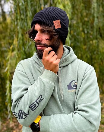 Męska bawełniana czapka beanie logo ekoskórka Czarna, Brain Inside