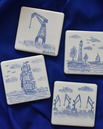Kafle ręcznie malowane- podkładki ceramiczne Gdańsk, Kobaltowa Sroka