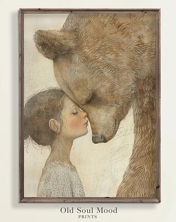 Plakat dla dzieci niedzwiedź niedźwiadek miś z dziewczynką, Maja Montessori