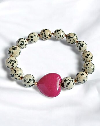 Jaspis dalmatyński i serce : FUKSJA : bransoletka na gumce