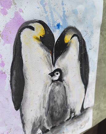 Akwarela Pingwiny Rodzina Prezent Chrzest Dziecko Macierzyństwo A3 30x42, kkjustpaint Karolina Kamińska