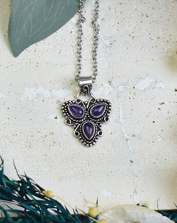 Miedziany posrebrzany wisiorek z ametystem - etniczny, boho, Spirit Of Copper