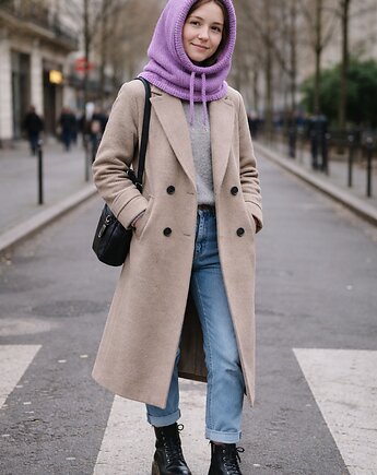 Balaclava oversize kominiarka kaptur zamiast czapki z merino piękny liliowy, splotomaniaa