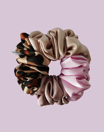Gumka jedwabna, scrunchie, frotka beżowa panterka pudrowy róż MAXI, Capillum