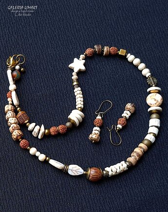 Naszyjnik i kolczyki w stylu ETNO w odcieniach beżu i brązu UNIKAT handmade, Galeria Limart