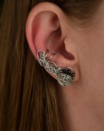 Nausznica  ażurowa na ucho czarny  agat wire wrapping, Agata Rozanska