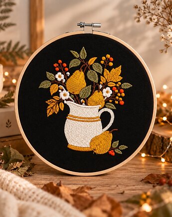 Jesienne złote gruszki,haft w oprawie ok 20 cm średnicy, Plasun