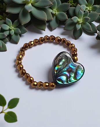 Serduszko - pierścionek : muszla PAUA , hematyt, kaktusia