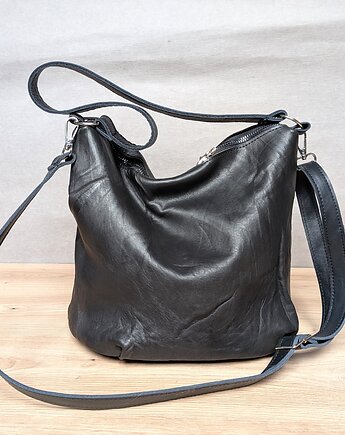 Bucket bag czarna gnieciona skóra, Łagoda