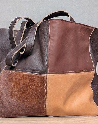 Kwadraty  Skórzana torba  w kolorach koniaku kamelu i beżu, Łagoda