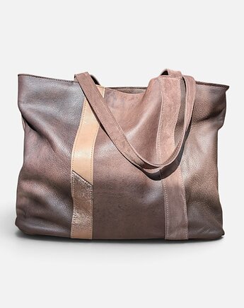 Shoper bag brązowa torba z beżem i zlotem, Łagoda