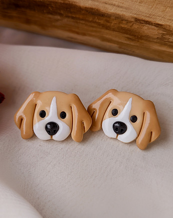 Kolczyki sztyfty pieski beżowe Beagle, prezent dla osoby kochającej zwierzęta, Dary Rusałki