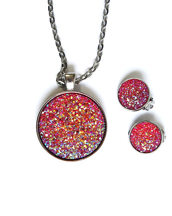 Komplet - Druzy różowa landrynka - naszyjnik i klipsy, yenoo