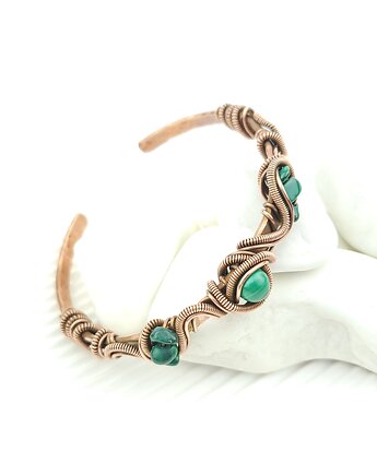 Miedziana bransoleta mankietowa z malachitem, Blue Pearl Art