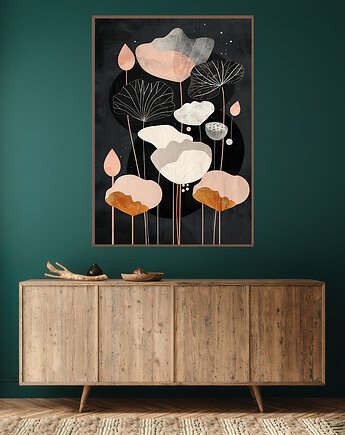 Liście lotusu - Plakat, druk - Chiński Orient, Harmonia Zen, Wabi Sabi #104, Black Sapphire Art
