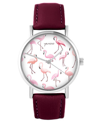 Zegarek - Flamingi - skórzany, burgund, yenoo