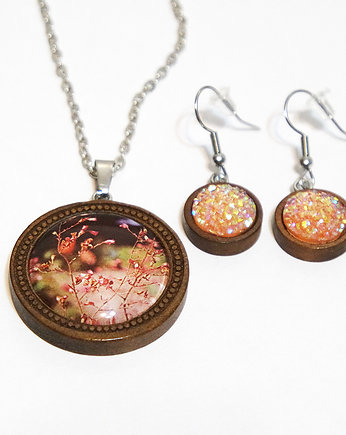 Druzy morelowe, drewno - naszyjnik i kolczyki, yenoo