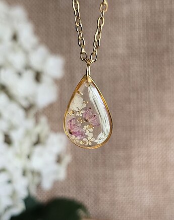 Złoty wisiorek prawdziwe kwiaty zawieszka łezka łza różowe naszyjnik, zkwiatem
