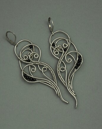 Długie, oryginalne kolczyki czarny agat wire wrapping, Agata Rozanska