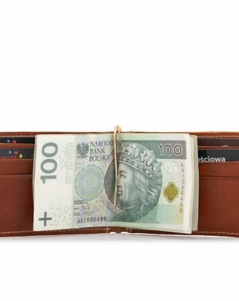 Portfel Męski z Klipsem na Karty i Monety Skóra Juchtowa Koniak BW58, Belveder