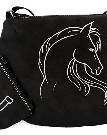 Czarna listonoszka, torebka z koniem , portfelik konik, Made by Joan