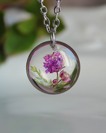 Medalion z prawdziwymi kwiatami srebrny wisiorek fioletowy, zkwiatem
