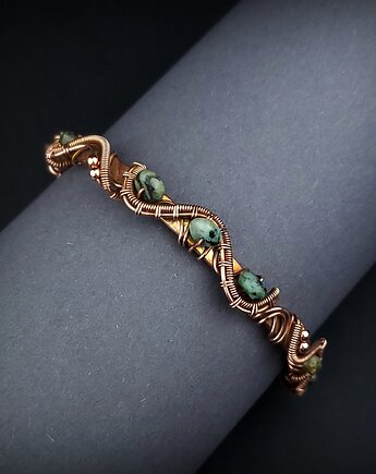 Miedziana bransoleta mankietowa z turkusem i turmalinem, Blue Pearl Art