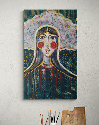 Obraz ręcznie malowany na płycie MDF 60 x 100 cm - Zachmurzona, Kasia Kulicka